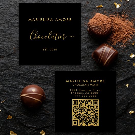 Elegant Black Gold Script Chocolatier Qr Code スクエア名刺