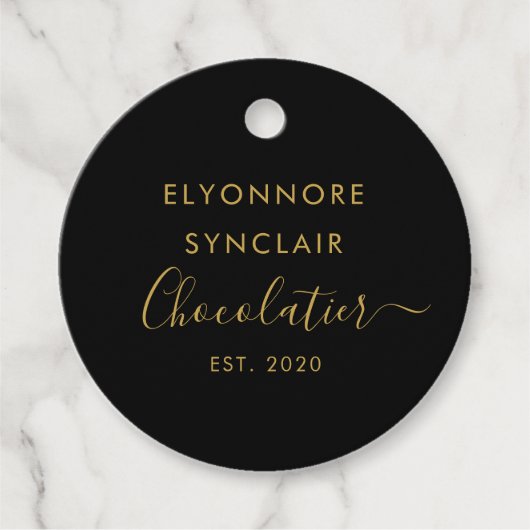 Elegant Black Gold Script Chocolatier Qr Code フェイバータグ (正面)