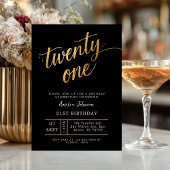 Elegant Black & Gold Script Eighteen 21st Birthday 招待状