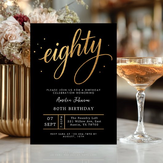 Elegant Black & Gold Script Eighty 80th Birthday 招待状