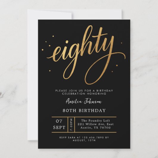 Elegant Black & Gold Script Eighty 80th Birthday 招待状 (正面)
