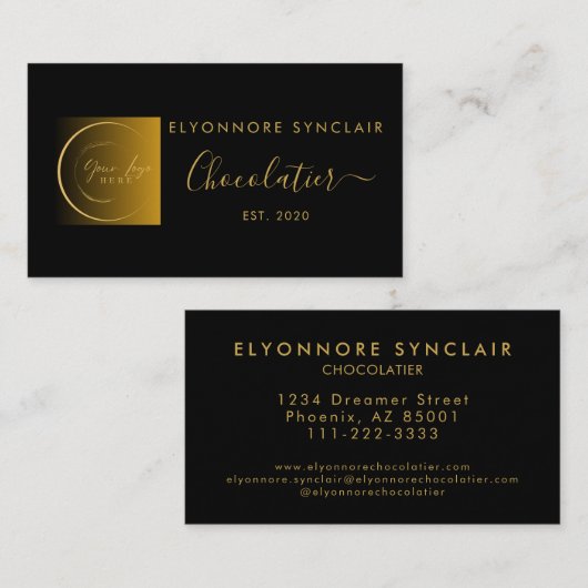 Elegant Black Gold Script Logo Chocolatier 名刺 (正面/裏面)
