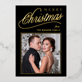 Elegant Black & Gold Script Merry Christmas Photo 箔シーズンカード
