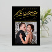 Elegant Black & Gold Script Merry Christmas Photo 箔シーズンカード (立ち正面)