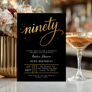 Elegant Black & Gold Script Ninety 90th Birthday 招待状