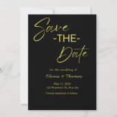 Elegant Black & Gold Script Save the Date Card セーブザデート (裏面)