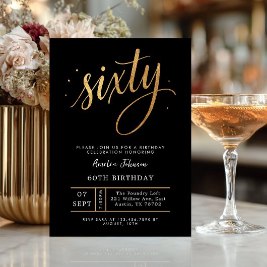 Elegant Black & Gold Script Sixty 60th Birthday  招待状