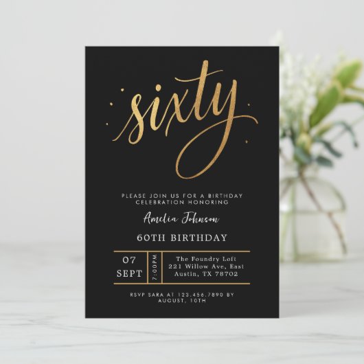 Elegant Black & Gold Script Sixty 60th Birthday  招待状 (スタンド正面)