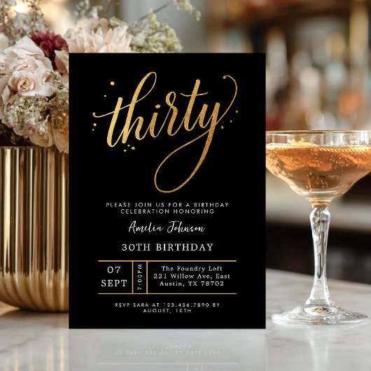 Elegant Black & Gold Script Thirty 30th Birthday 招待状