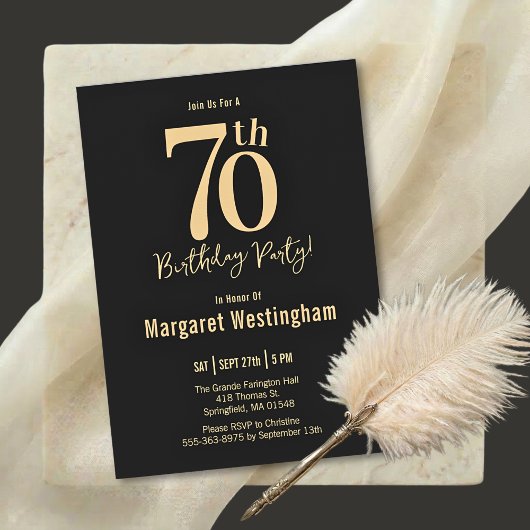 Elegant Black Gold Script Typography 70th Birthday 招待状