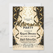 Elegant Black Gold Streamers Retirement Party 招待状 (正面)