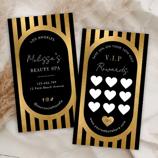 Elegant Black & Gold Stripes Hair Brows Lash Salon ロイヤリティカード