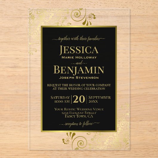 Elegant Black & Gold Stylish Text Classy Wedding アクリル招待状 (正面)