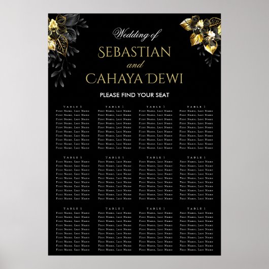 Elegant black & gold summer wedding seating chart ポスター (正面)