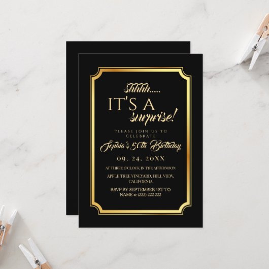 Elegant Black Gold Surprise 50th Birthday Party 招待状 (正面/裏面インサイチュ)