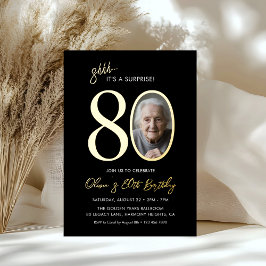 Elegant Black Gold Surprise 80th Birthday Photo 箔招待状