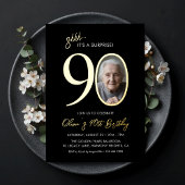 Elegant Black Gold Surprise 90th Birthday Photo 箔招待状