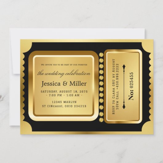 Elegant Black & Gold Ticket Wedding Invitation 招待状 (正面)