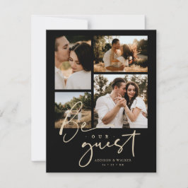 Elegant Black Gold Trendy Collage Wedding 4-Photo 出欠カード