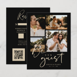 Elegant Black Gold Trendy Collage Wedding 4-Photo 出欠カード