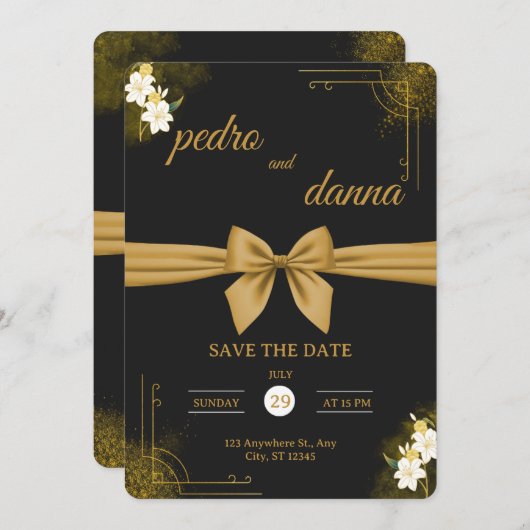 Elegant Black & Gold Wedding Invitation 招待状 (正面/裏面)
