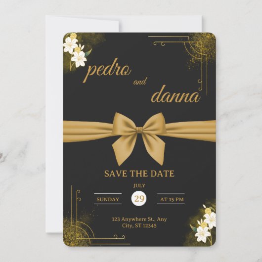 Elegant Black & Gold Wedding Invitation 招待状 (正面)