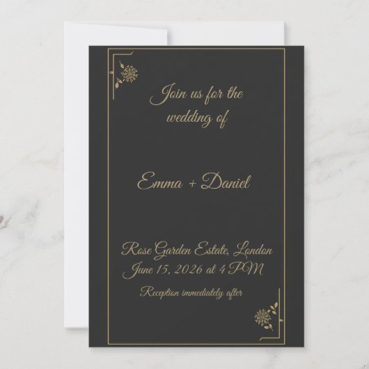 Elegant Black & Gold Wedding Invitation 招待状 (正面)