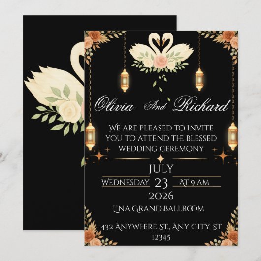Elegant Black & Gold Wedding Invitation Template 招待状 (正面/裏面)