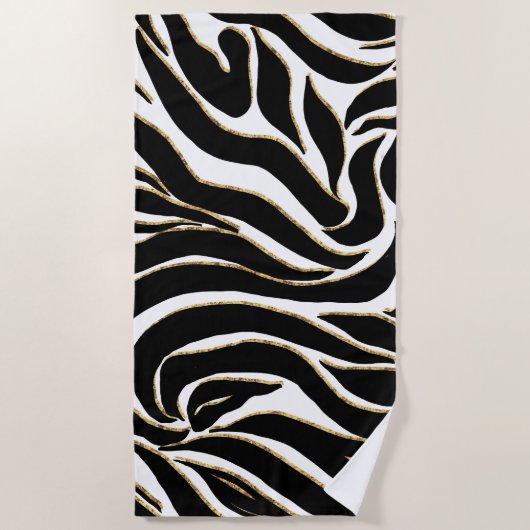 Elegant Black Gold Zebra White Animal Print ビーチタオル (正面)