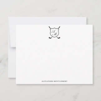 Elegant Black Golf Monogram Crest Flat Note Card ノートカード