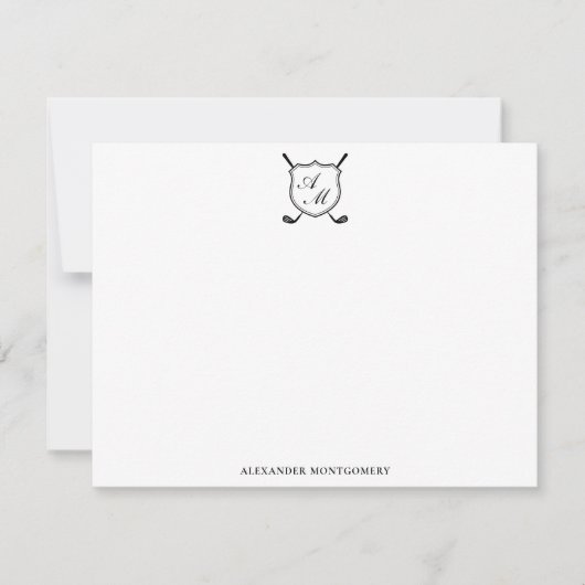 Elegant Black Golf Monogram Crest Flat Note Card ノートカード (正面)