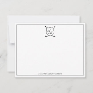Elegant Black Golf Monogram Crest Flat Note Card ノートカード