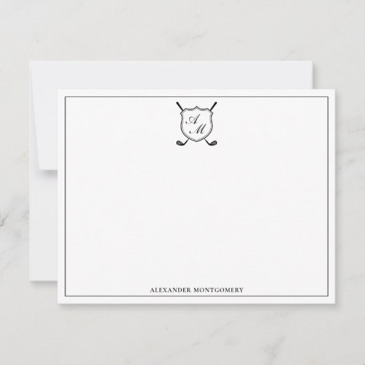 Elegant Black Golf Monogram Crest Flat Note Card ノートカード (正面)