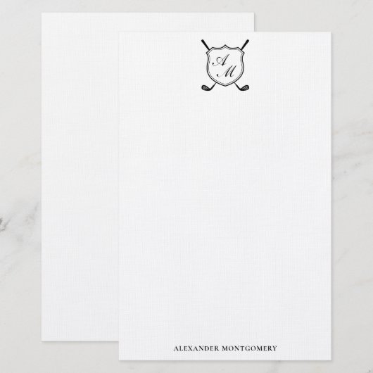 Elegant Black Golf Monogram Crest Stationery 便箋 (正面/裏面)