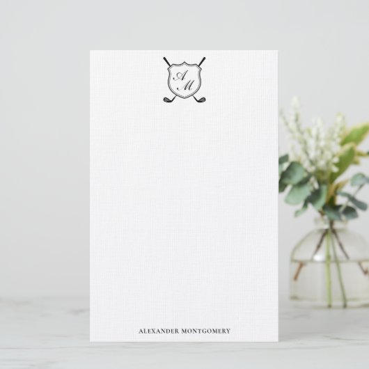 Elegant Black Golf Monogram Crest Stationery 便箋 (スタンド正面)