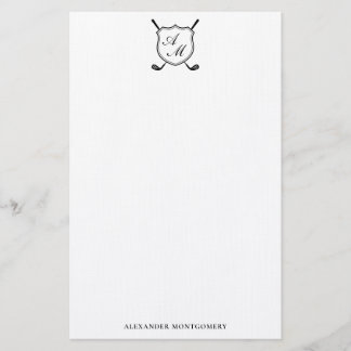Elegant Black Golf Monogram Crest Stationery 便箋