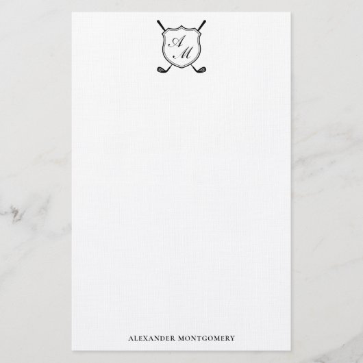 Elegant Black Golf Monogram Crest Stationery 便箋 (正面)