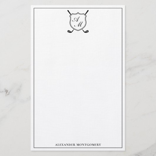 Elegant Black Golf Monogram Crest Stationery 便箋 (正面)
