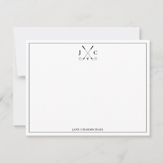 Elegant Black Golf Monogram Flat Note Card ノートカード (正面)