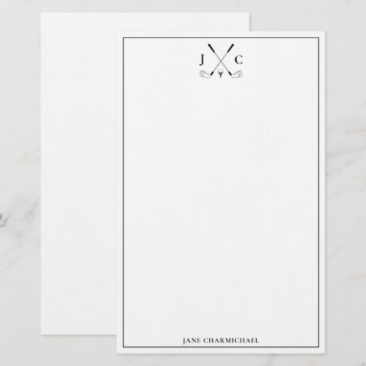 Elegant Black Golf Monogram Stationery 便箋 (正面/裏面)