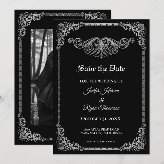 Elegant black Gothic wedding save the date 案内状 (正面/裏面)