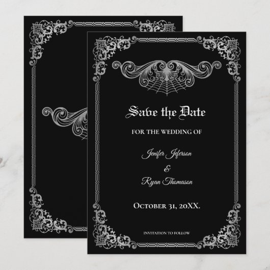 Elegant black Gothic wedding save the date 案内状 (正面/裏面)