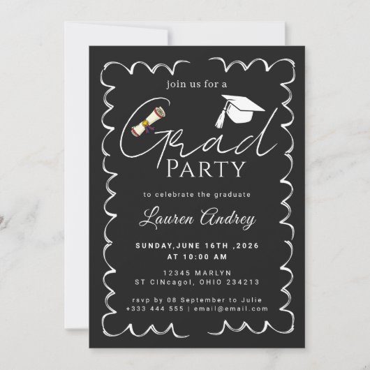 Elegant Black Graduation Party Invitation 招待状 (正面)