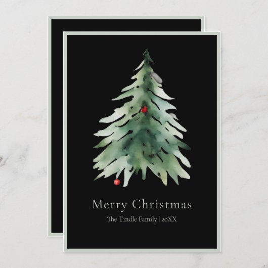 Elegant Black Green Watercolor Christmas Tree シーズンカード (正面/裏面)