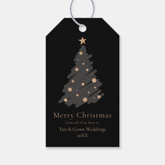 Elegant Black Grey Gold Script Christmas Tree ギフトタグ (正面)