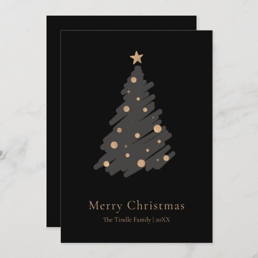 Elegant Black Grey Gold Script Christmas Tree シーズンカード (正面/裏面)
