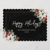 Elegant Black Holly Berries White Poinsettia シーズンカード (正面/裏面)