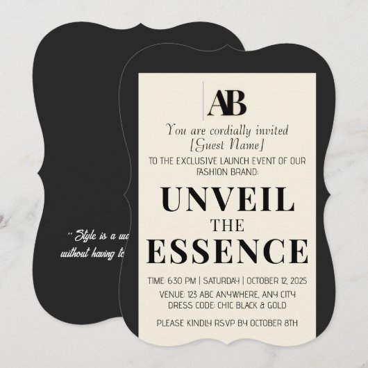Elegant Black & Ivory Fashion Event Invitation 招待状 (正面/裏面)