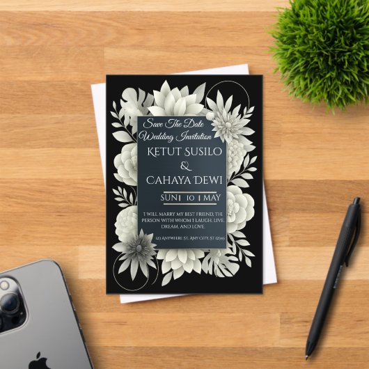 Elegant Black & Ivory Floral Wedding Invitation  アクリル招待状 (インサイチュ (招待状))
