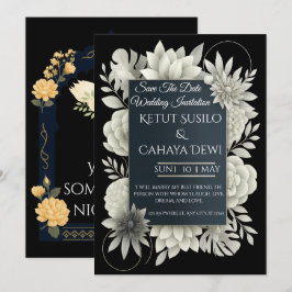Elegant Black & Ivory Floral Wedding Invitation  招待状